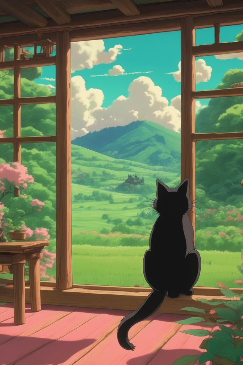 00072-743964828-_lora_Studio Ghibli Style_1_Studio Ghibli Style - Studio ghibli style, big cute black cat is looking out of big wood paned windo.png